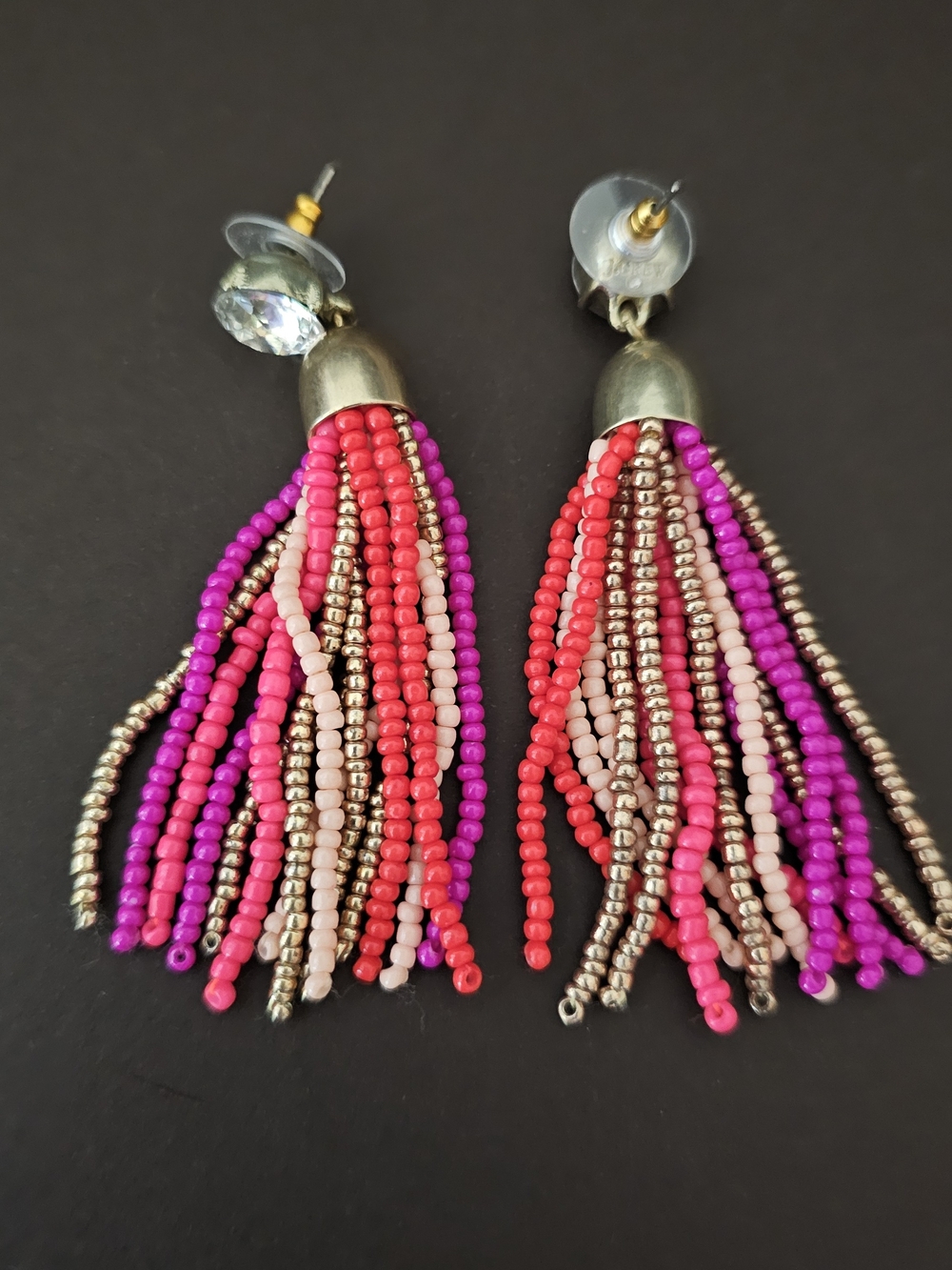J. Crew Pink, Fuchsia & Gold with Clear Stone  Post Beaded Tassel Earrings